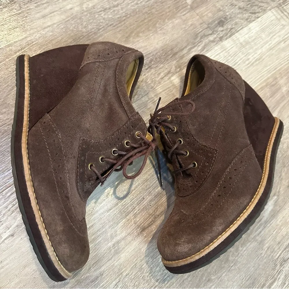 DR. SCHOLLS Bootie Women 7.5 Apex Wedge Ankle Lace Up Brown Leather‎ Suede